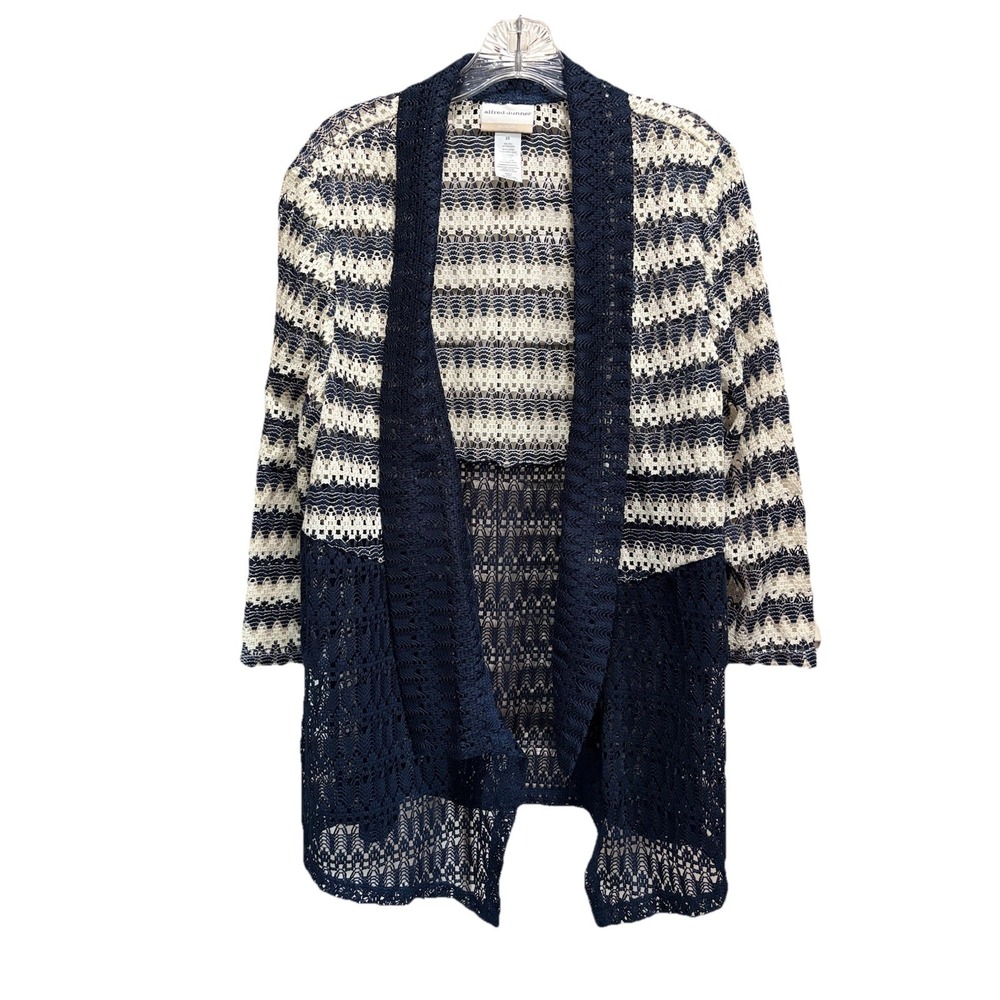 Alfred Dunner Crochet Open Navy/Cream Striped Cardigan Size 2XL‎ 3/4 Sleeve